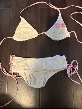 Y2K vintage leg Avenue Soft  whiteTerry Triangle Bikini Pink Gingham Trim small